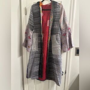 Renew Vintage Reversible Floral Kantha Long Hooded Cardigan